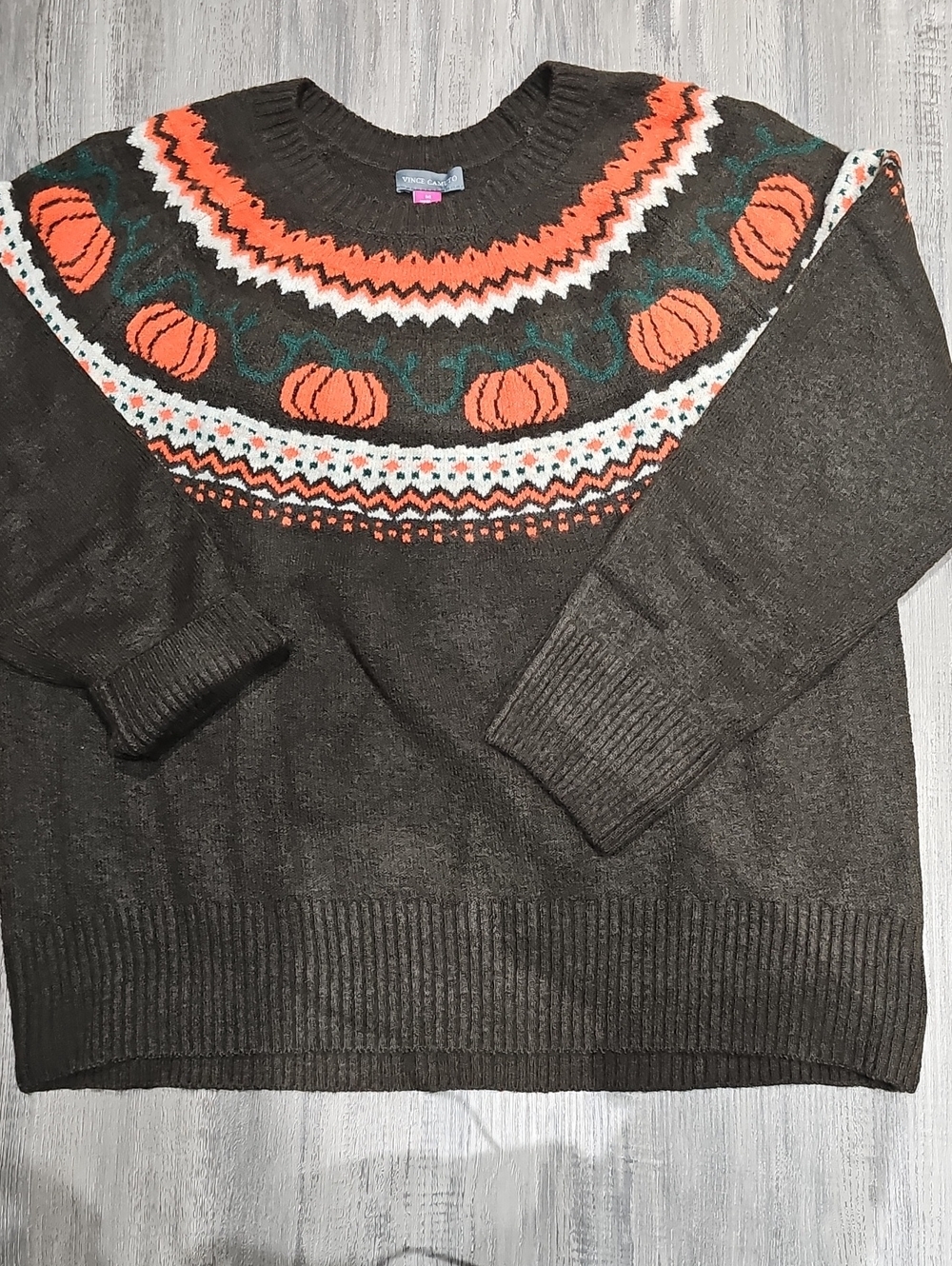 Charcoal Knit Sweater with Orange Pumpkin Yoke